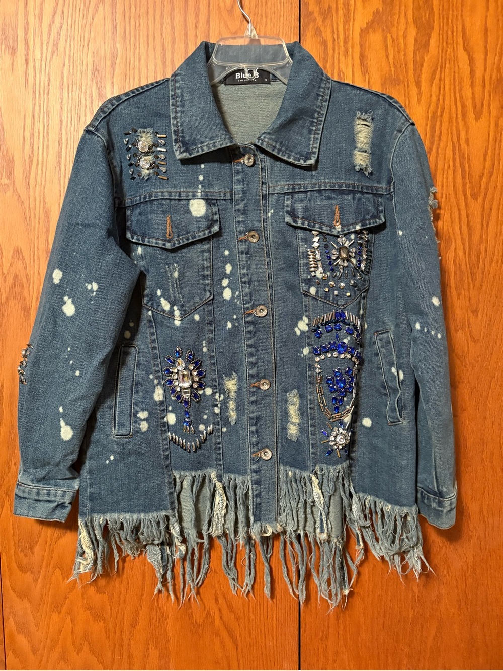 Blue B Collection Rhinestone Embellished Fringe Denim Jacket Blue/ Bleach - S